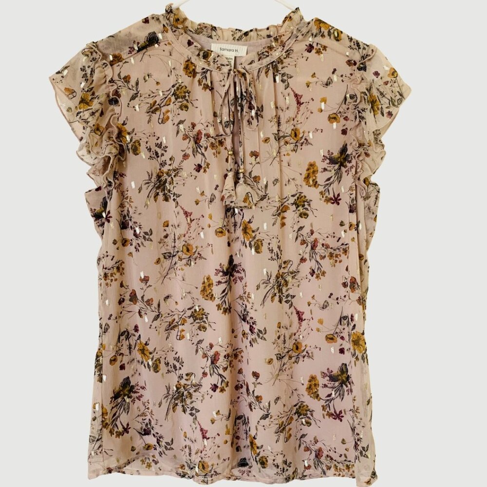 Beige floral feminine Top Blouse with Ruffled neckline with adjustable tie